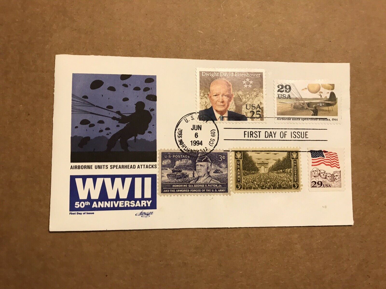 Us 1994 Wwii Event Cover +franking 5 Stamps=ike +patton +airborne Units +us Flag