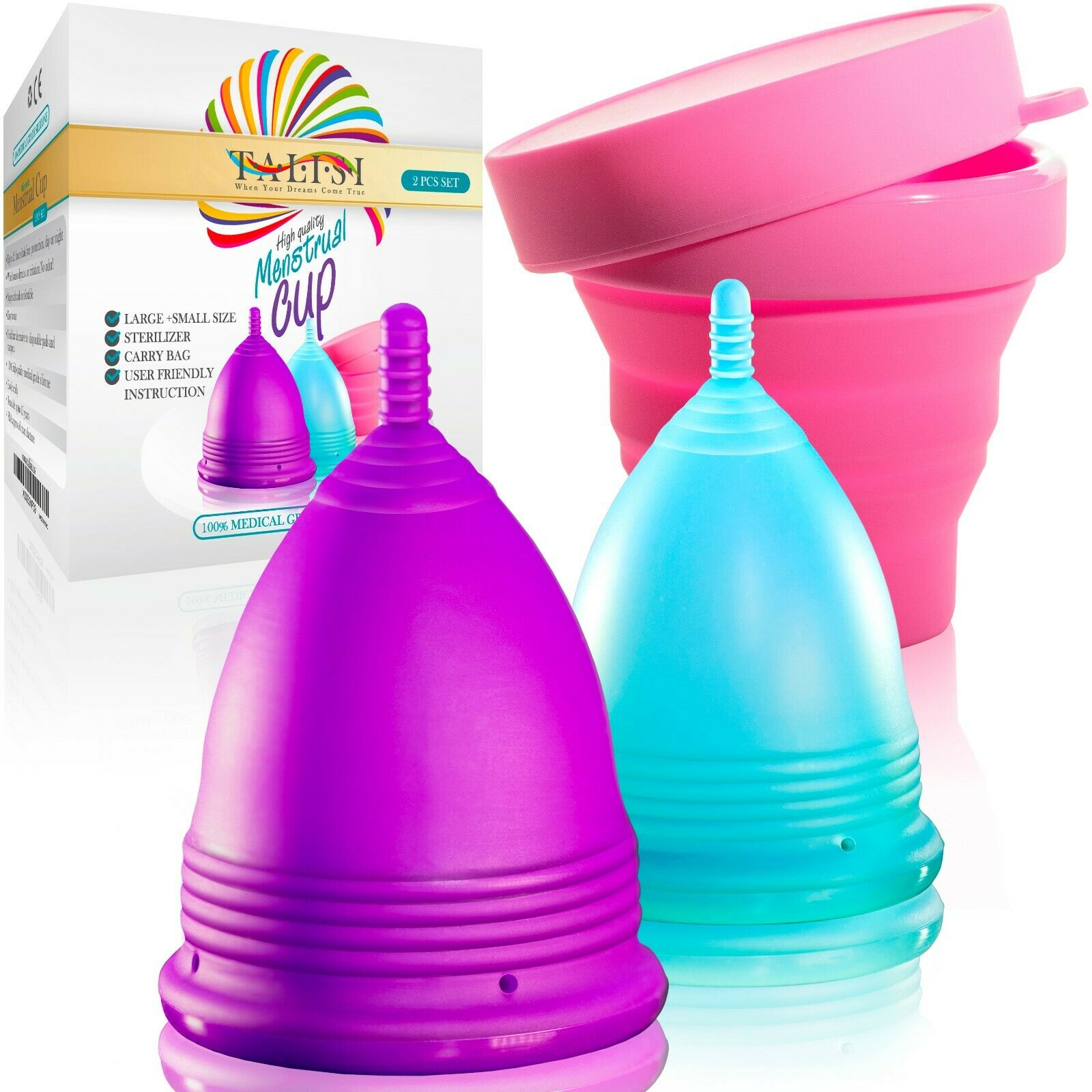 Talisi Menstrual Cup Set Large Small & Silicone Period Copa Sterilizer Feminine