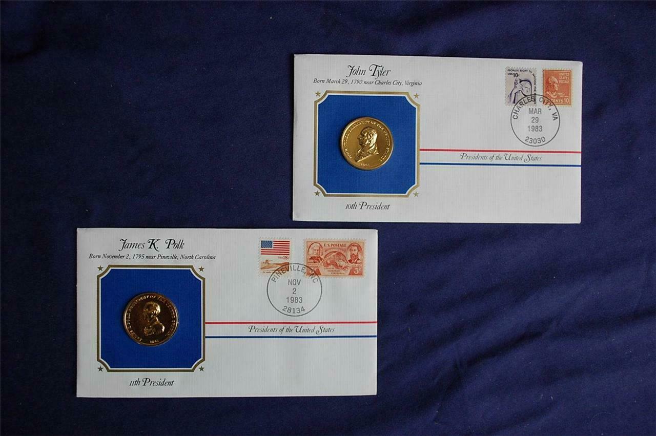 John Tyler & James K. Polk Presidential Medal Covers 24k Gold Plated Pc11
