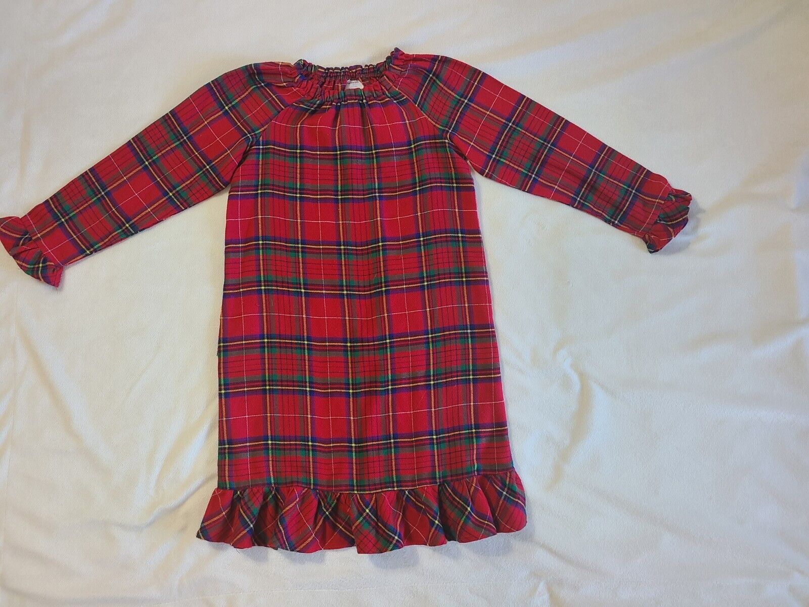 Vintage Lands' End Girls Red Tartan Plaid Flannel Night Gown Size 8 Long Sleeve