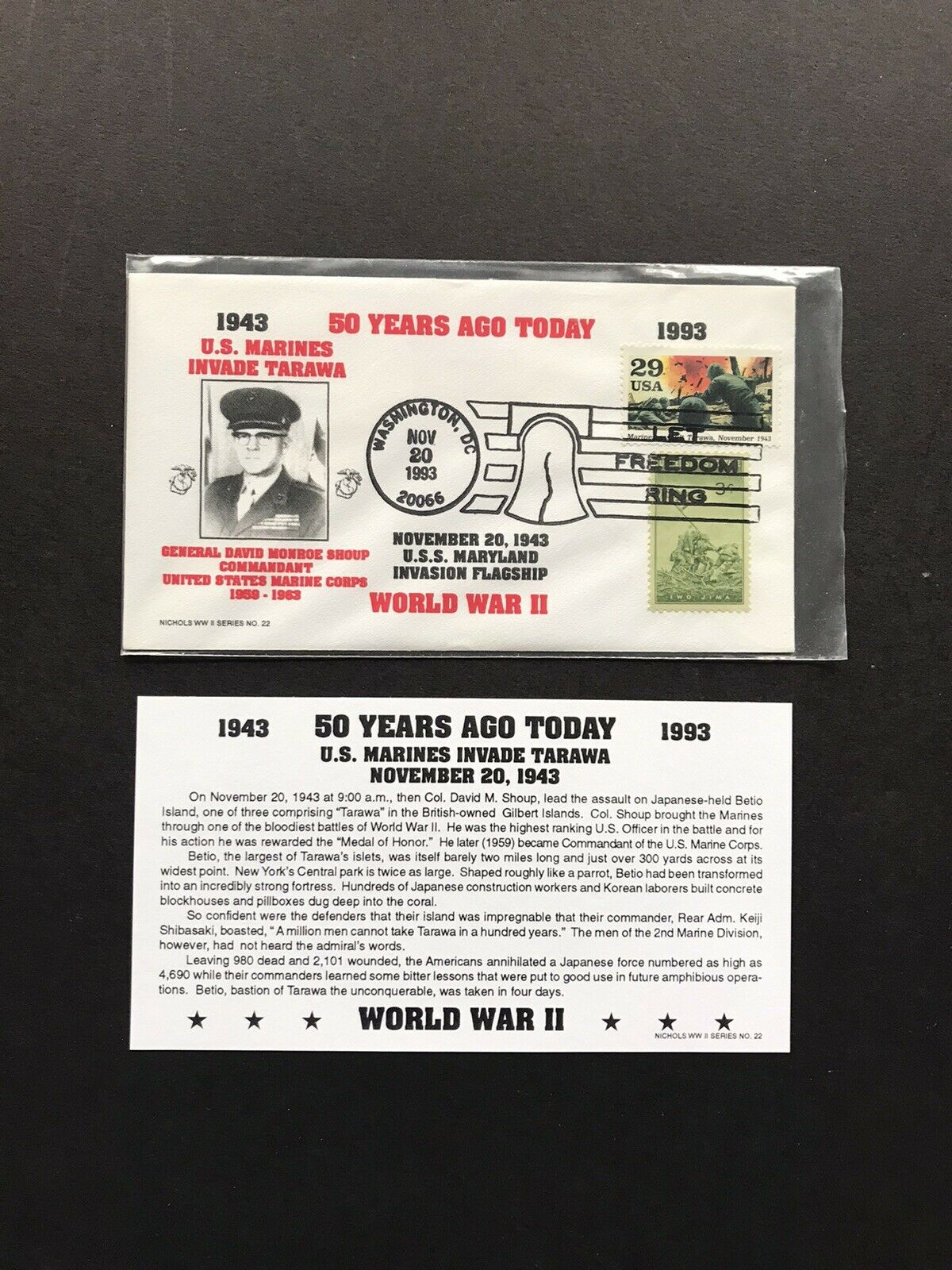 Us 1993 Wwii Fdc + Uss Maryland +usmc Invasion Tarawa + Usmc Gen Shoup Cachet