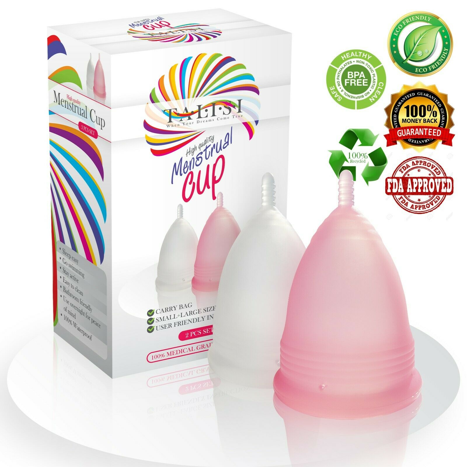 Talisi Reusable 2 Menstrual Cups Set Large And Small Silicone Soft Copa Period