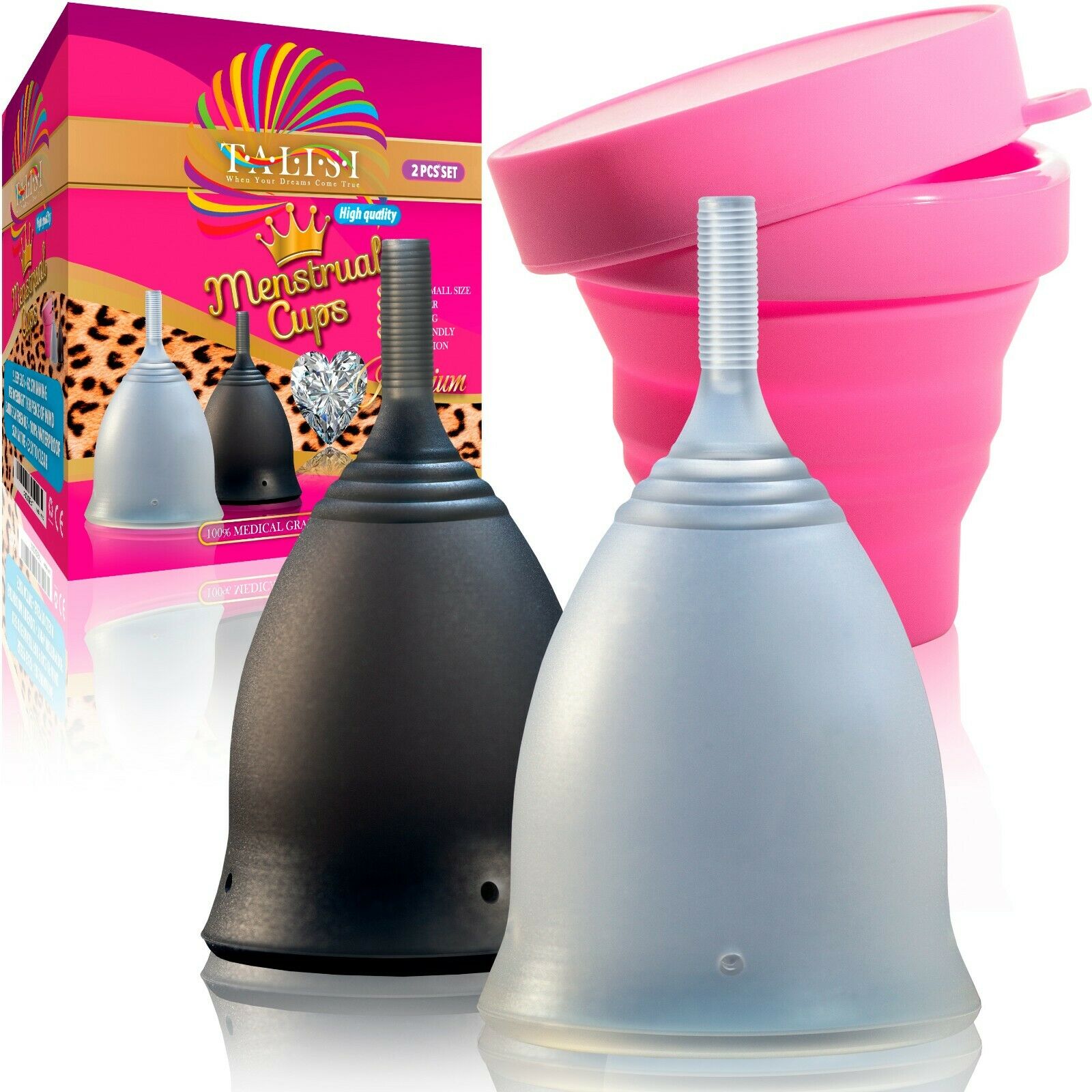 Talisi Menstrual Cup & Silicone Sterilizer Copa Large Small Feminine Period Set