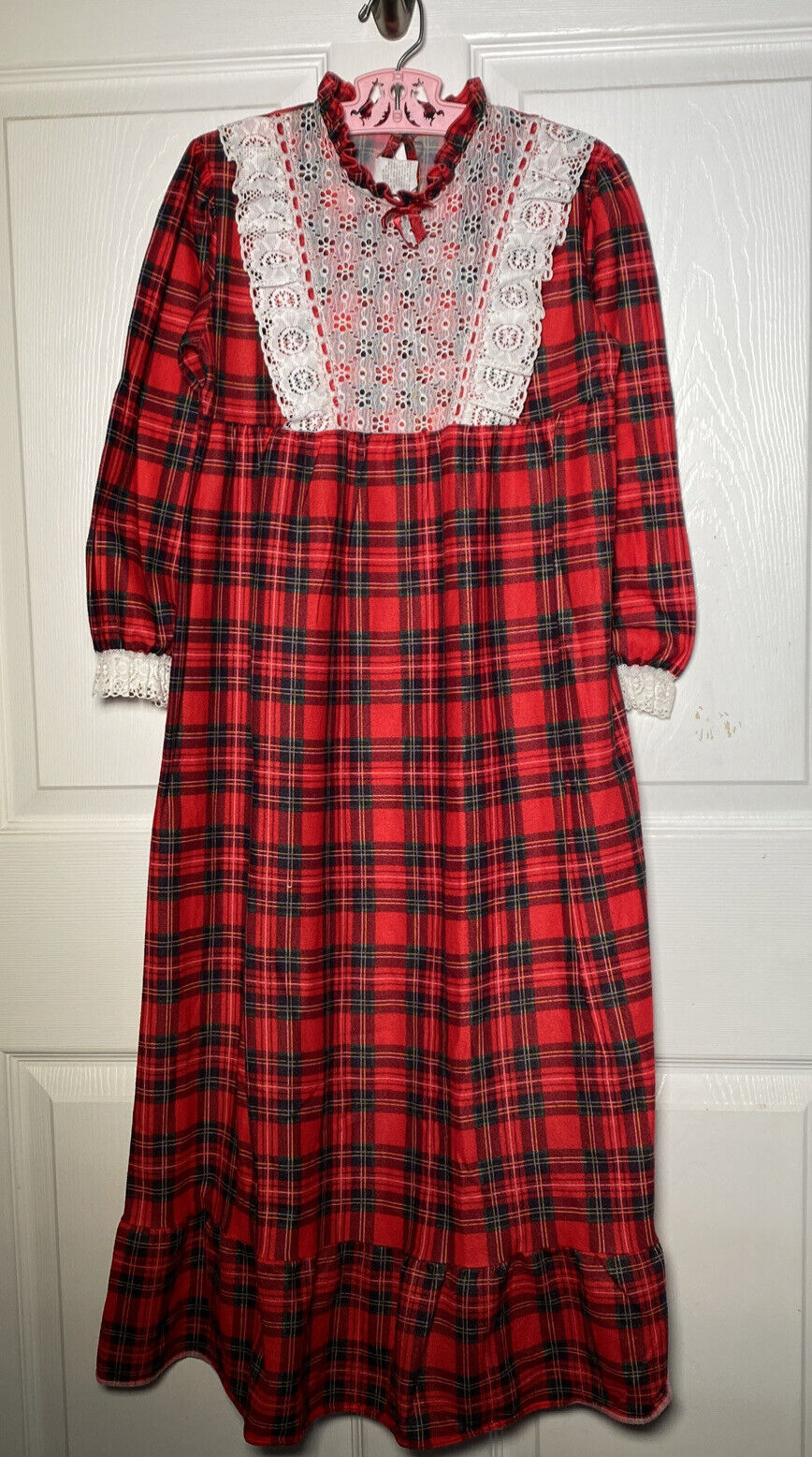 Vtg 90s Lights Out Girls Red Plaid Night Gown Christmas Holiday Size 8