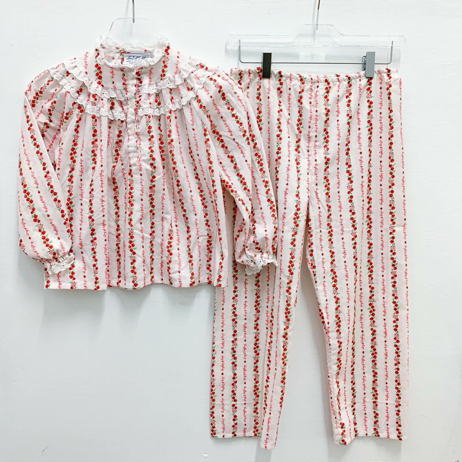 Lanz Of Salzburg Vintage Flannel Strawberry Pajama Set Top Pants, Girls Size 8