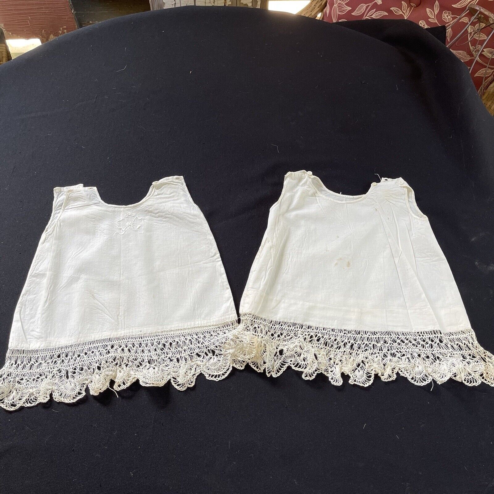 Pair Of Antique Off White Cotton Child’s Gowns Handmade Netted Or Hairpin Lace