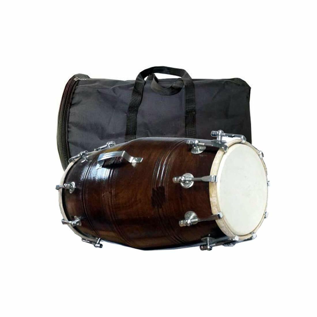 Dholki, Brown Mango Wood Bolt-tuned Spanner Padded Bag Dholak Drum Instrument